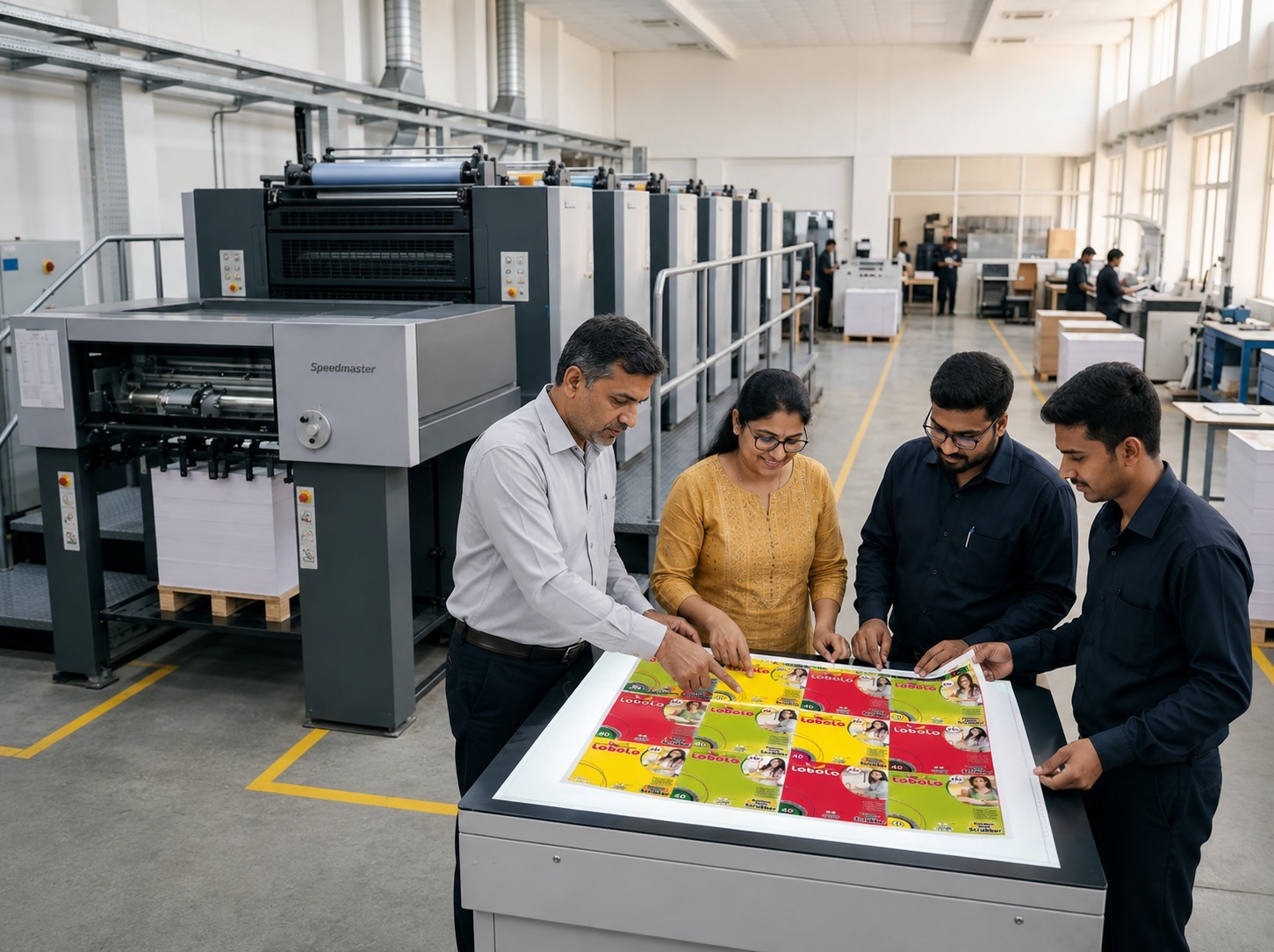 Team checking hospital print collateral